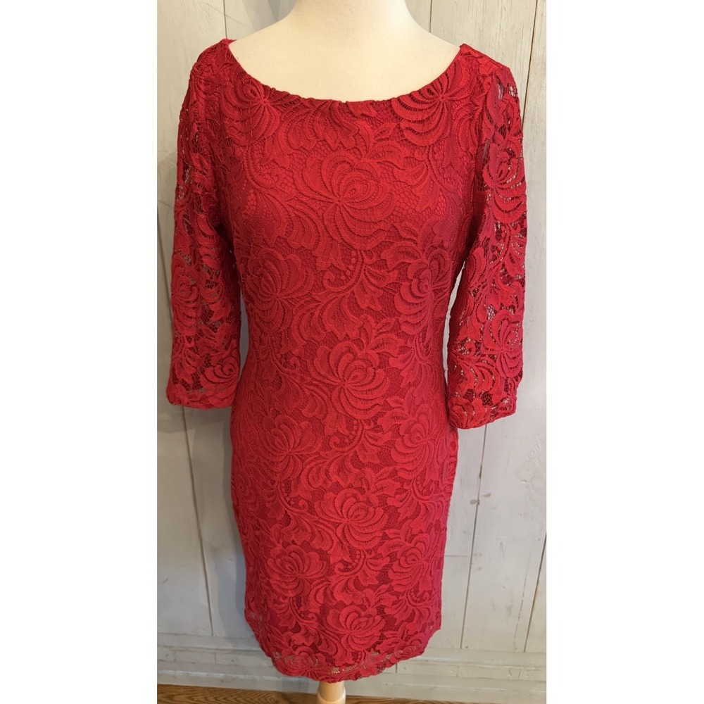 Ivanka Trump Red Lace Zip Up Sheath Dress Sheer‎ 3/4 Sleeves Size 4